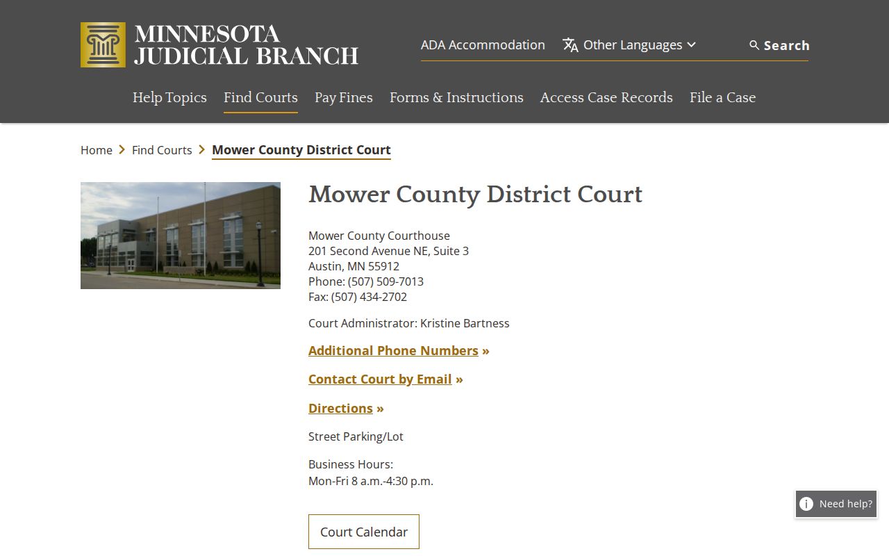 Mower County Justice Center and court information page for bench warrant cases
