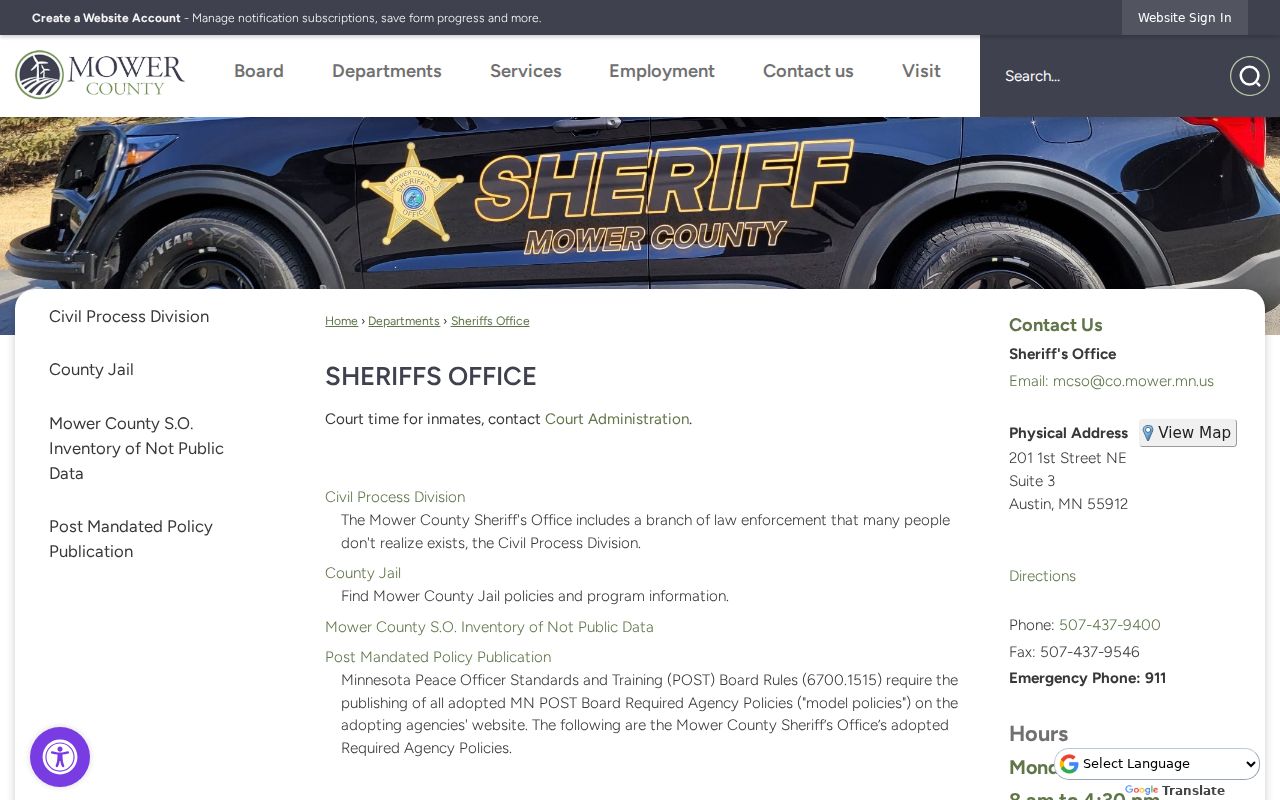 Mower County Sheriff's Office page for the warrant desk that serves Mower County warrant records