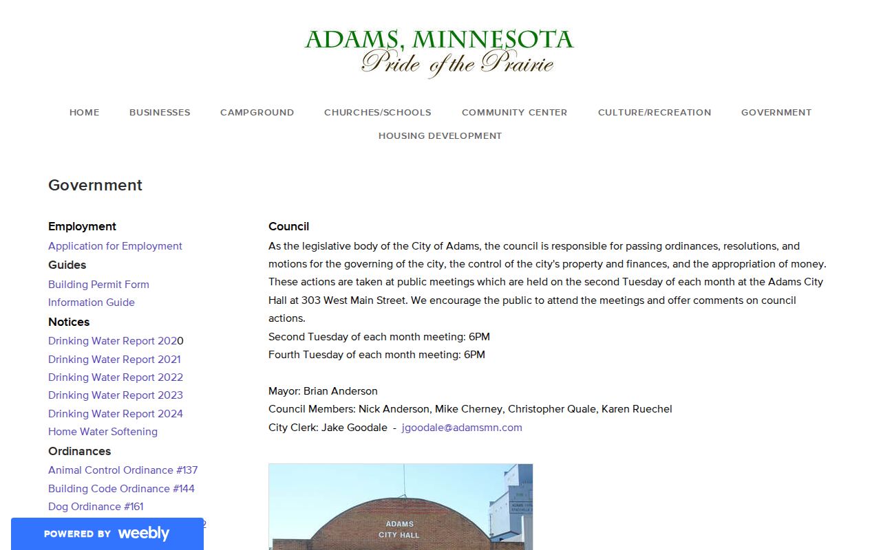 Adams city clerk and government contact page for Mower County warrant record requests