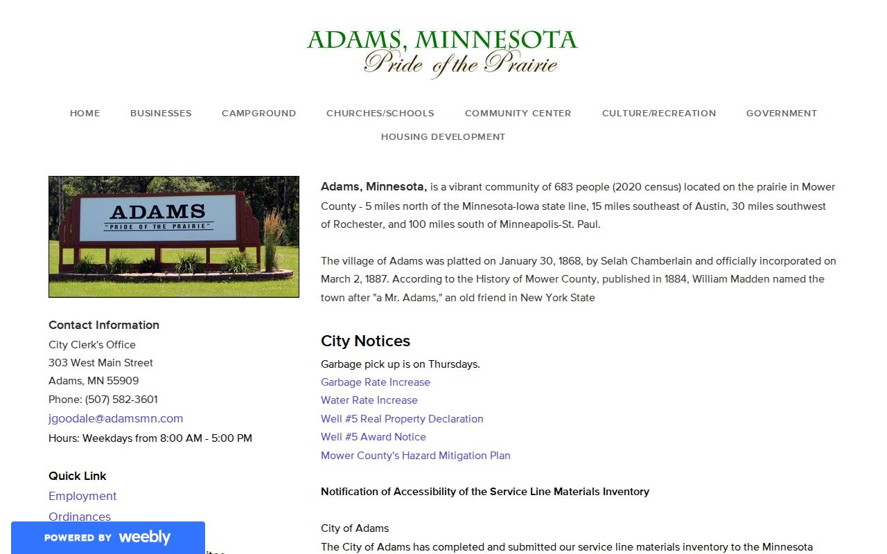 City of Adams home page used for Adams warrant record questions in Mower County