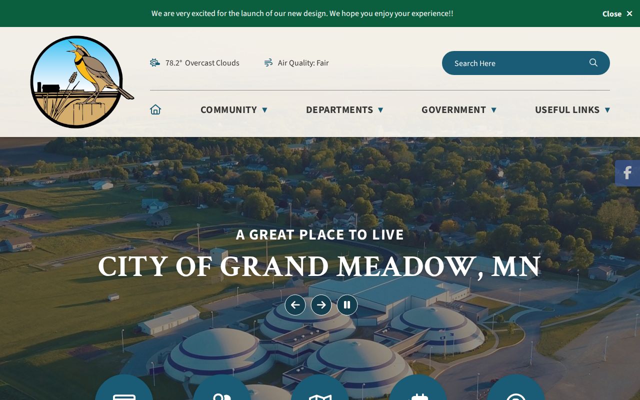 Grand Meadow city office page used for city records and warrant question routing in Mower County