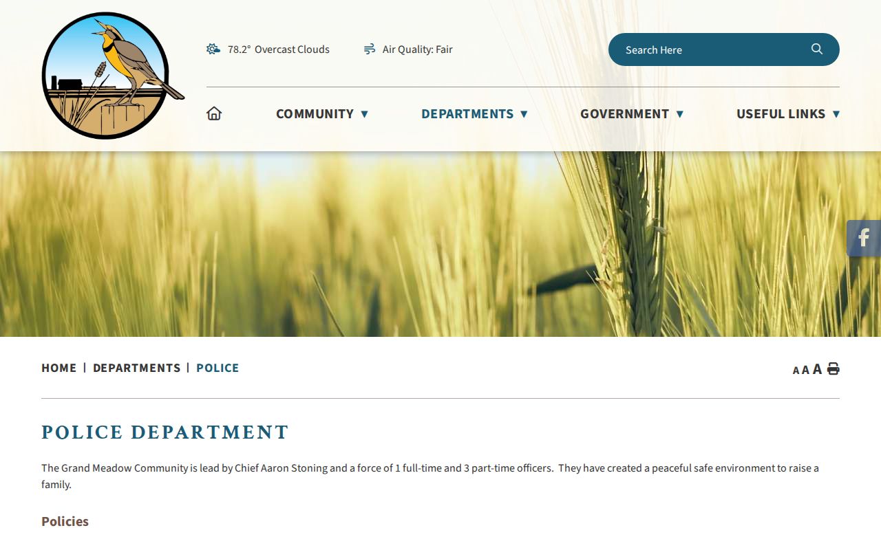 Grand Meadow Police Department contact page for local warrant questions in Mower County