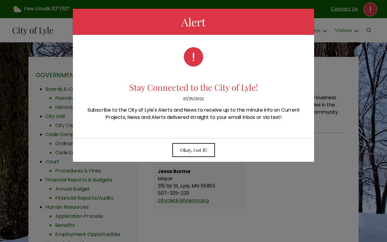 City of Lyle municipal contact page for Lyle warrant record questions in Mower County