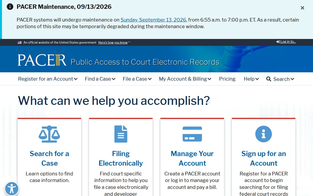 PACER federal case search page used for federal warrants outside Mower County records