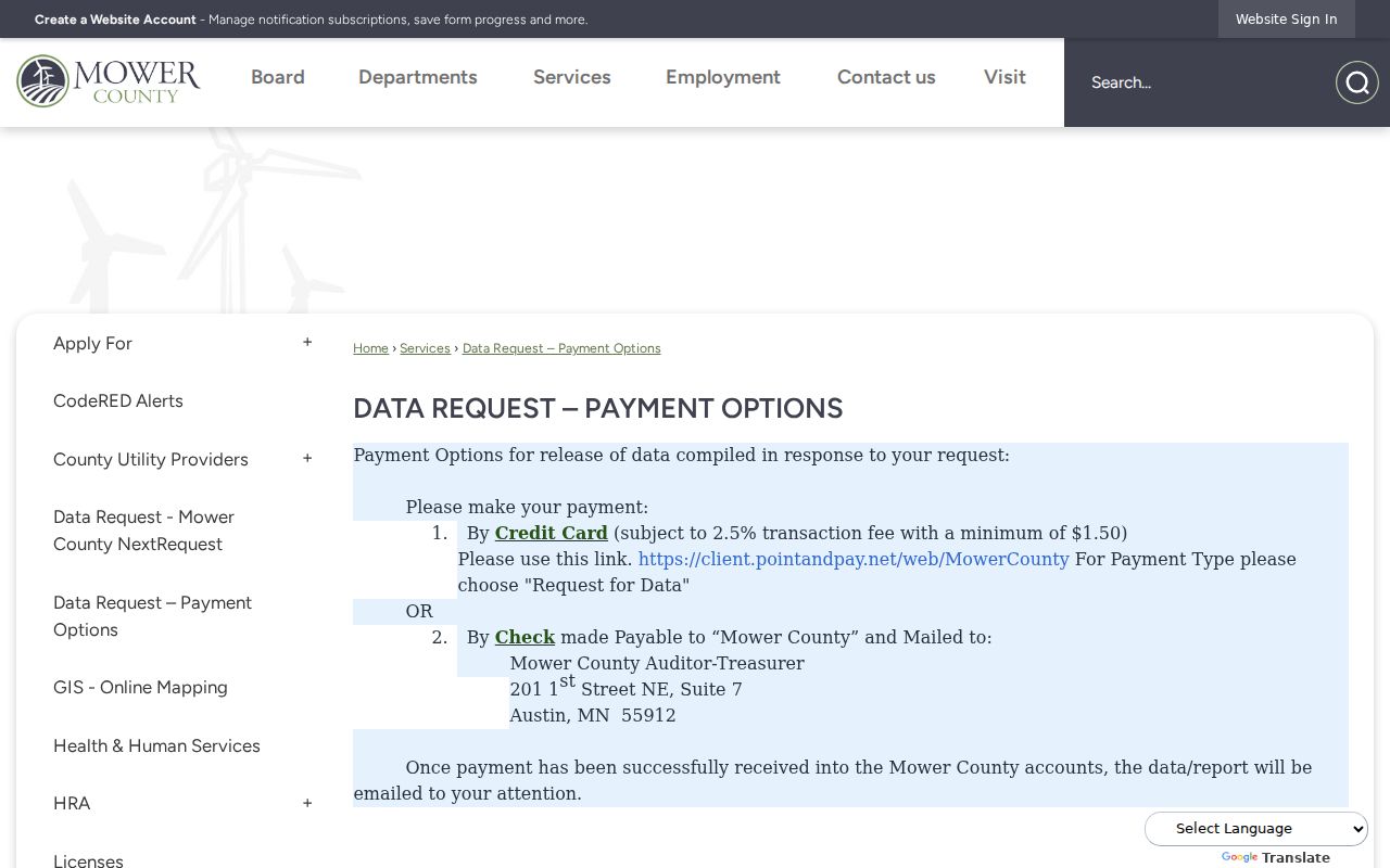 Mower County public data request payment options that are separate from city court warrant payments