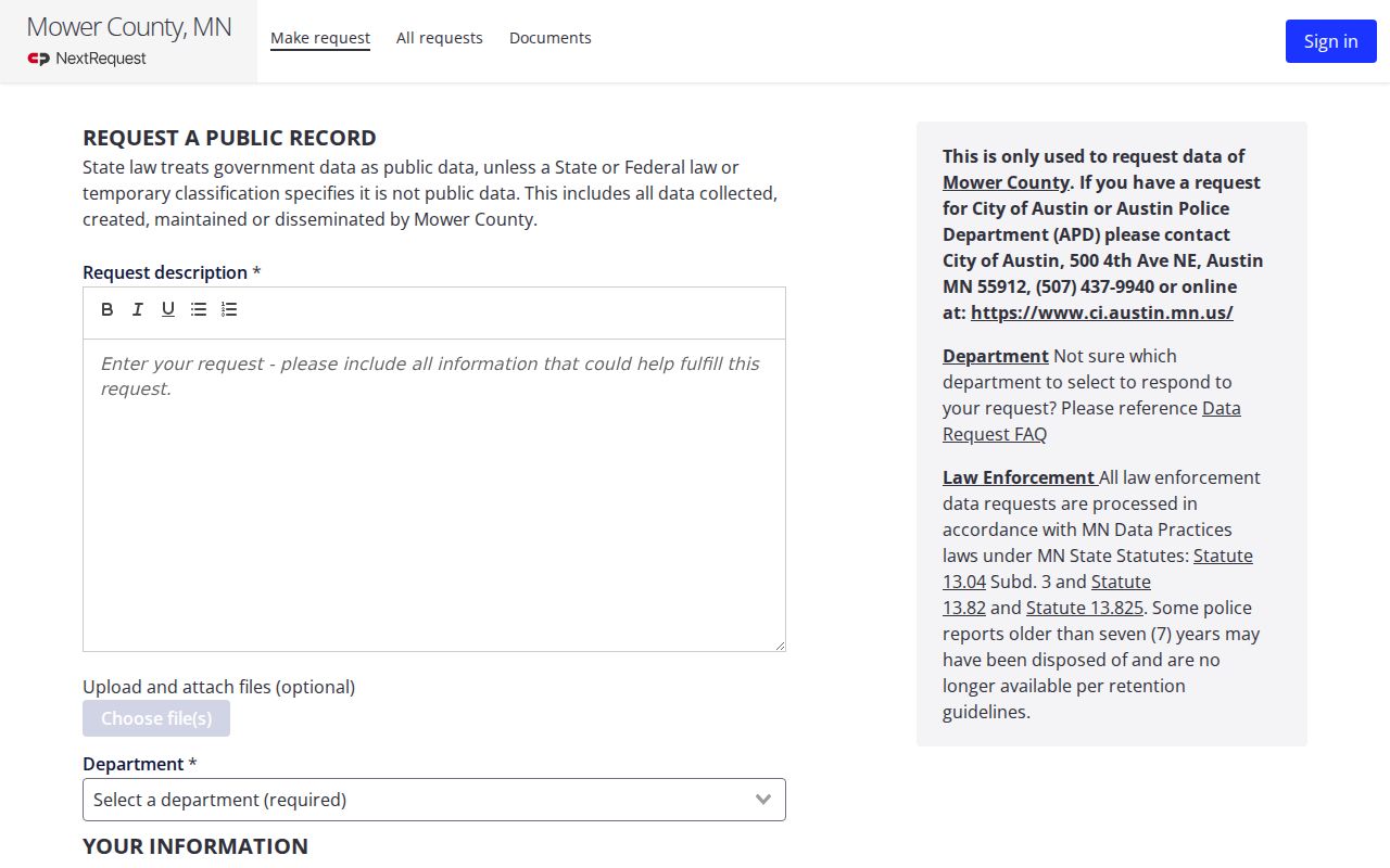 Mower County public records request form used for warrant record searches