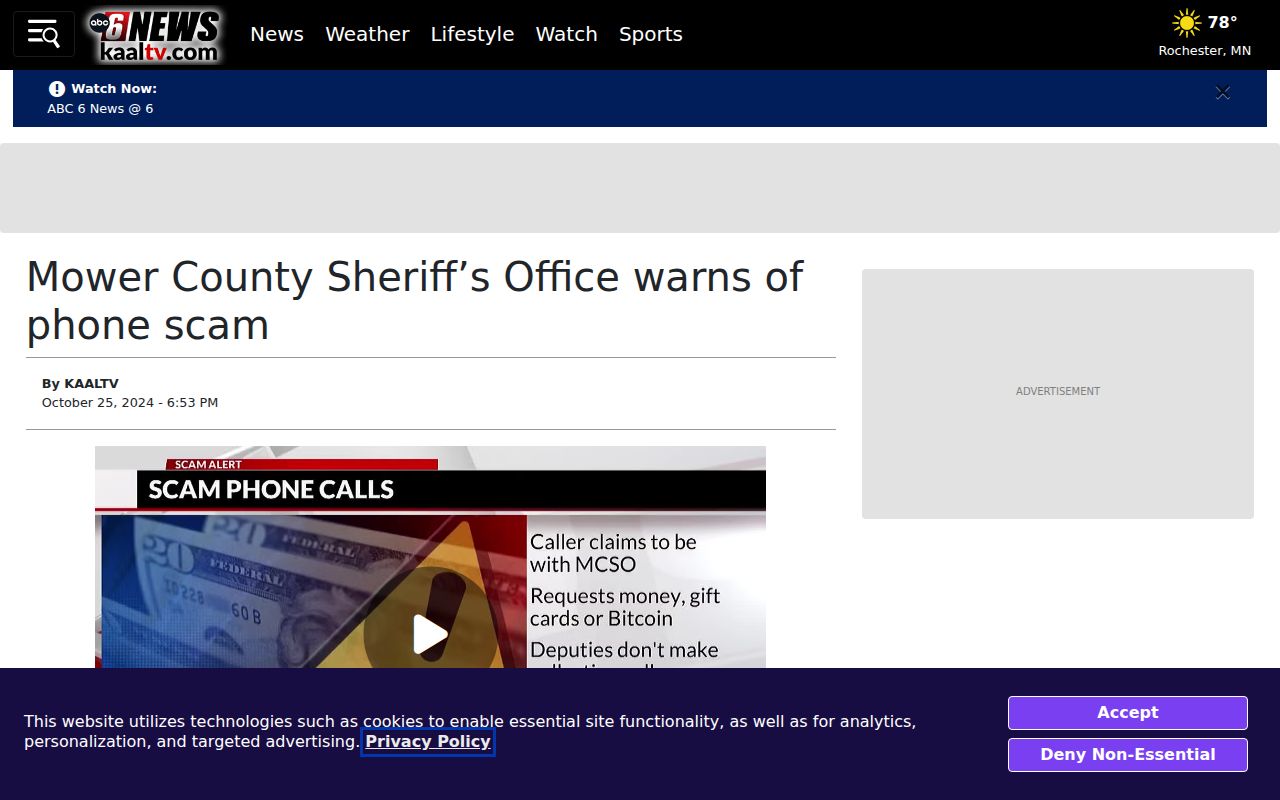 Local news report on a Mower County warrant scam warning about fake traffic warrant payment demands